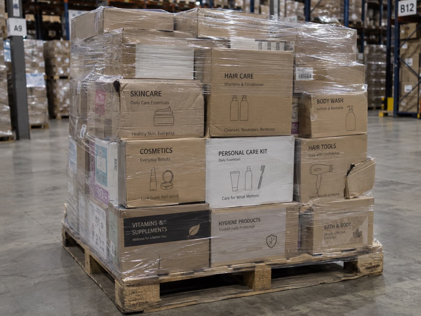 Pallet of mixed health and beauty merchandise including skincare, hair care and cosmetics