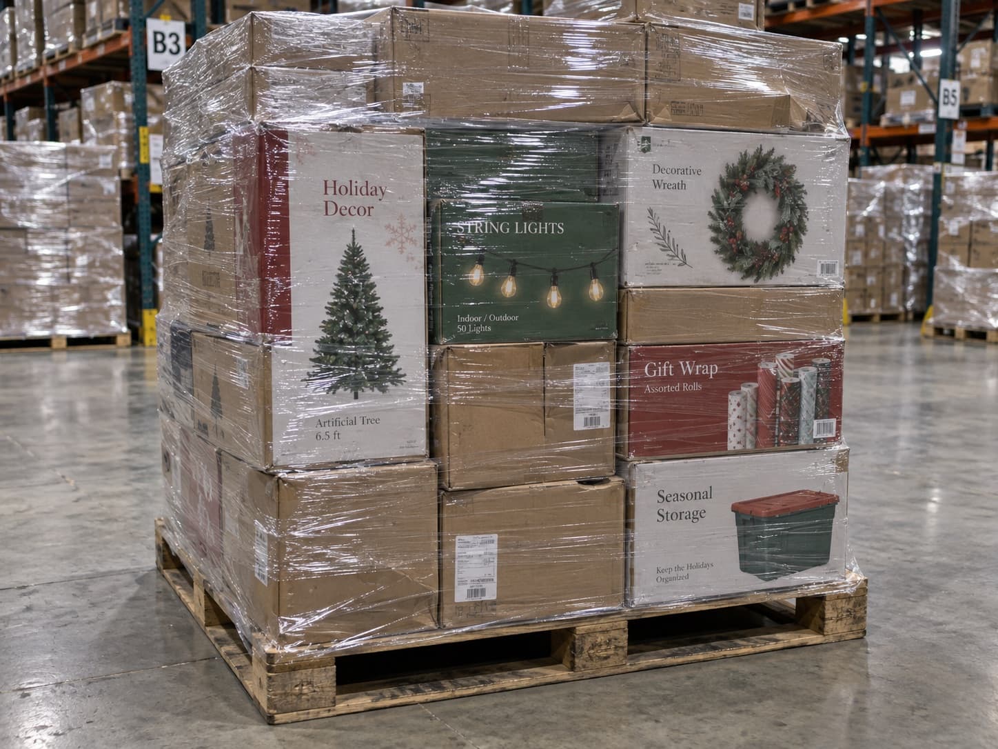 Pallet of holiday seasonal merchandise including string lights, wreaths, gift wrap and storage bins