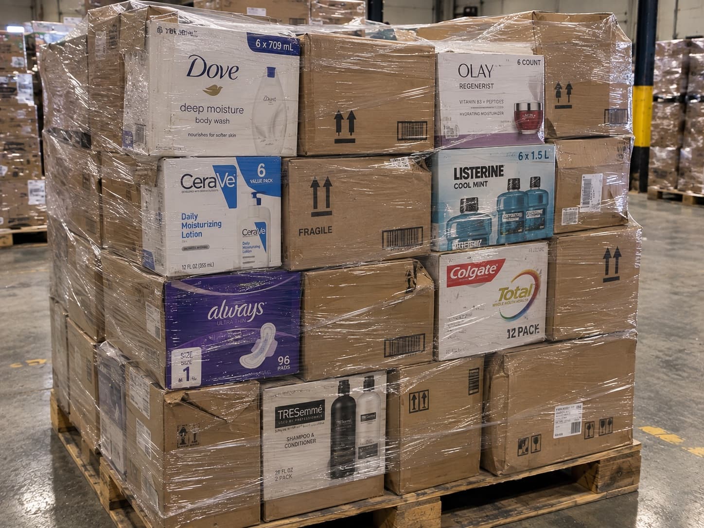 Pallet of mixed health and beauty merchandise including body wash, lotion, oral care and hair care brands