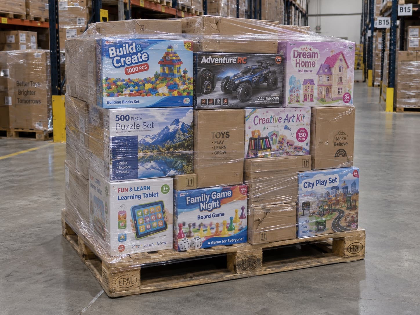 Pallet of mixed toys including building sets, RC cars and puzzles